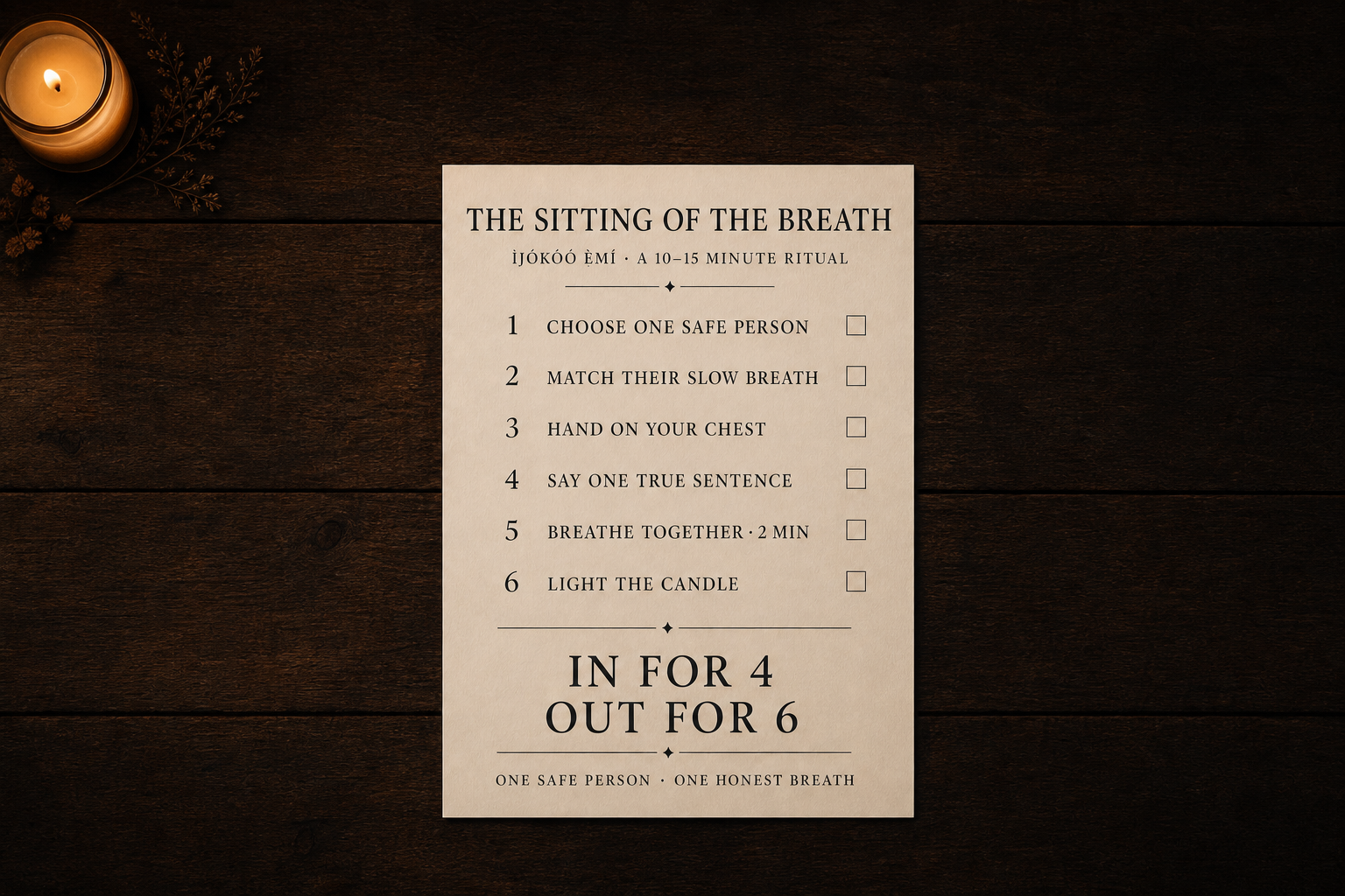 The Sitting of the Breath six-step ritual card, shown front-on and clearly legible